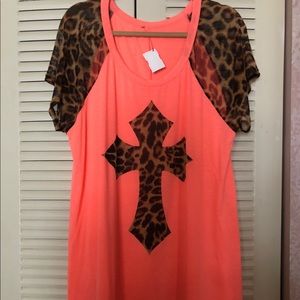 Coral Tunic w/sheer Leopard Sleeves & Cross